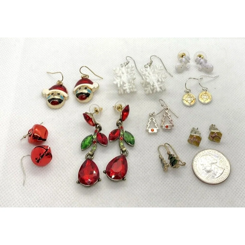 Vintage‎ - Now Lot 9 Pairs Pierced Christmas Earrings Bell Santa Snowflake Tree